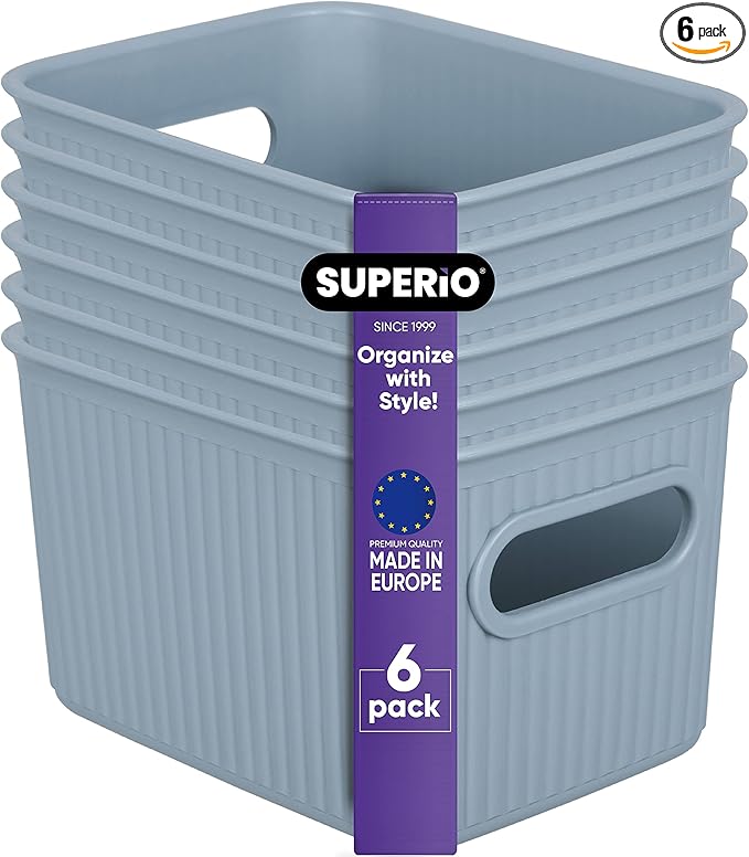 Superio Ribbed Collection - Decorative Plastic Basket Open Home Storage Bins Organizer, Small Blue (6 Pack) Container Boxes for Organizing Closet Storage Bins for Shelves Drawer Shelf 1.5 Liter