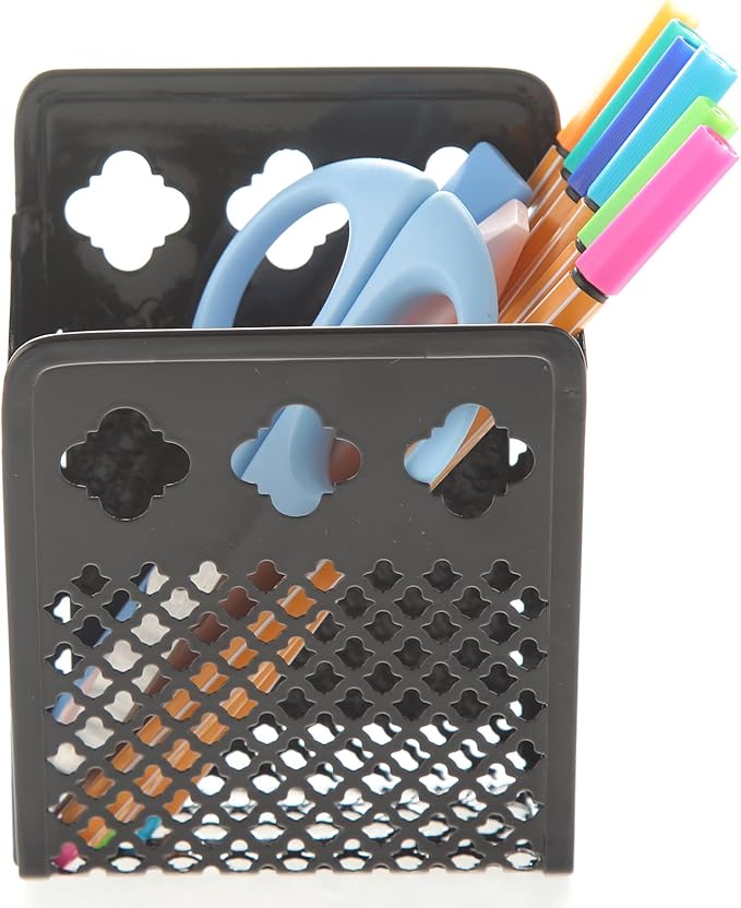 Magnetic Pen Holder, Mesh Metal Strong Magnet Dry Erase Marker Holder | Pencil Organizer Small Items Basket for Refrigerator, Whiteboard, Locker Accessories-Pack of 1, Black