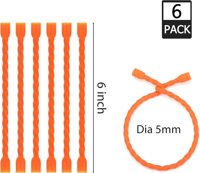 6 PCS 6-Inch Silicone Cable Ties Dia 5mm Reusable Steel-Core Rubber Twist Ties Bendable Cable Ties for Bundling and Holding, All Purpose Cord Tie for Indoor and Outdoor (Orange)