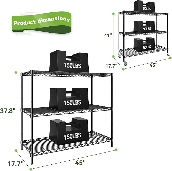 DurayLoly 3 Tier Metal Shelving Unit Adjustable Storage Shelves,Heavy Duty Shelf with Wheels for Kitchen,Office,Bathroom,Easy Assembly Wire Shelving for Laundry,Garage,45" W x 17.7" D x 41" H,Black.