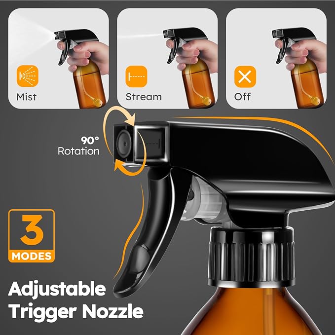 Tecohouse 360° 4 OZ Amber Glass Spray Bottles, 2 Pack Empty Refillable Containers with Adjustable Spray Nozzles, Dark Spray Bottles for Cleaning Solutions, Plants, Hairs