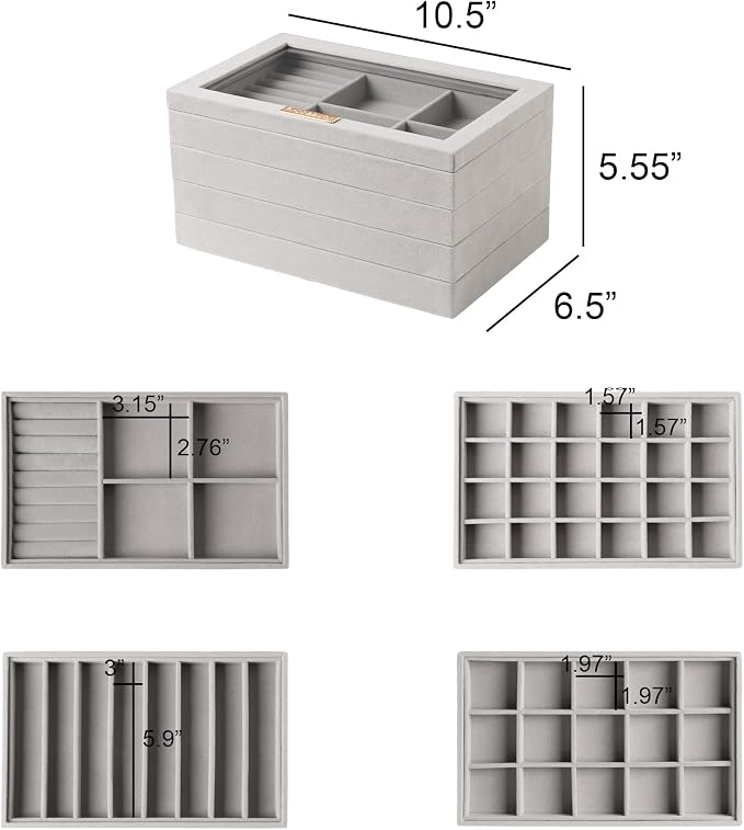 Frebeauty Stackable Jewelry Trays,Set of 4 Jewelry Organizer for Drawer | Glass Lid,Removable Dividers,Real Stackable Design,Velvet Material,Drawer Inserts,Jewelry Box for Earring Rings and Necklace