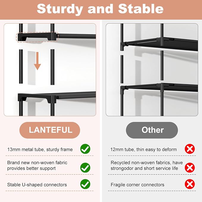 LANTEFUL 3 Tier Shoe Rack for Closet, Shoe Organizer with 5 Hooks, Long Shoe Shelf Storage for Sneaker and Boot Stackable Free Standing Shoe Rack for Entryway, Garage, Small Spaces, Dorm (Pack of 2)
