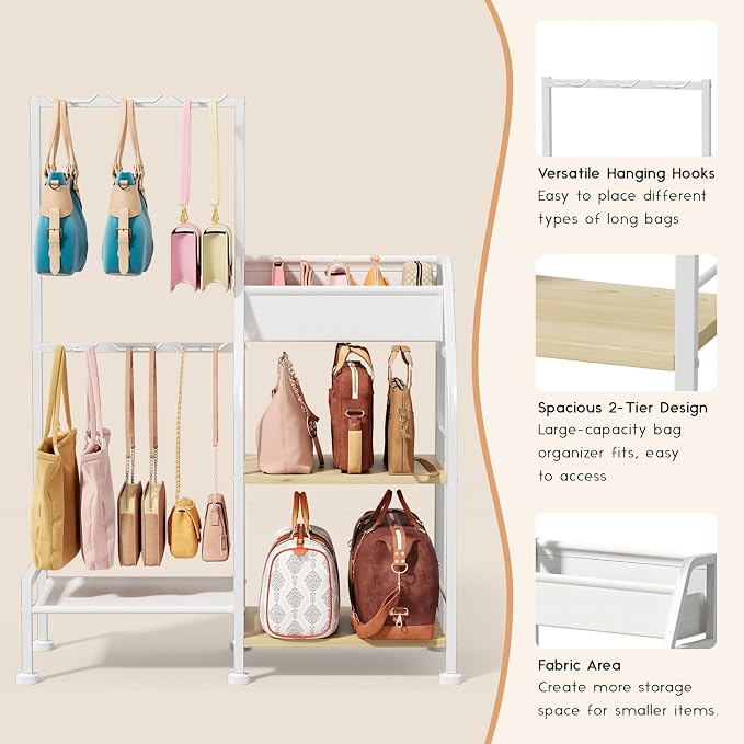 Homsorout Purse Organizer for Women - 3-Tier Storage Stand & 12 Fixed Hooks, Visible Backpack Storage, Space-Saving Bag Organizer Rack for Home, Closet, White