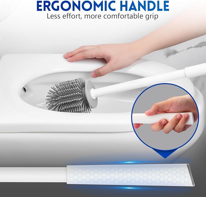 Y-in Hand 2 Pack Silicone Toilet Brush, Soft Toilet Bowl Brush Set for Deep Cleaning. Bathroom RV Accessories with Long Handle, Wall mountable. - White