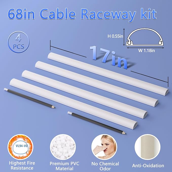 ZhiYo 68in Cord Hider for 2-3 Wall-Mounted TV Wires, 1.2"W x 0.55"H, White | Split-Hinge Design for Easy Installation, Half-Round Glazed Finish Ideal for Wall/Baseboard, Self-Adhesive, 4 Pack (17" Each)