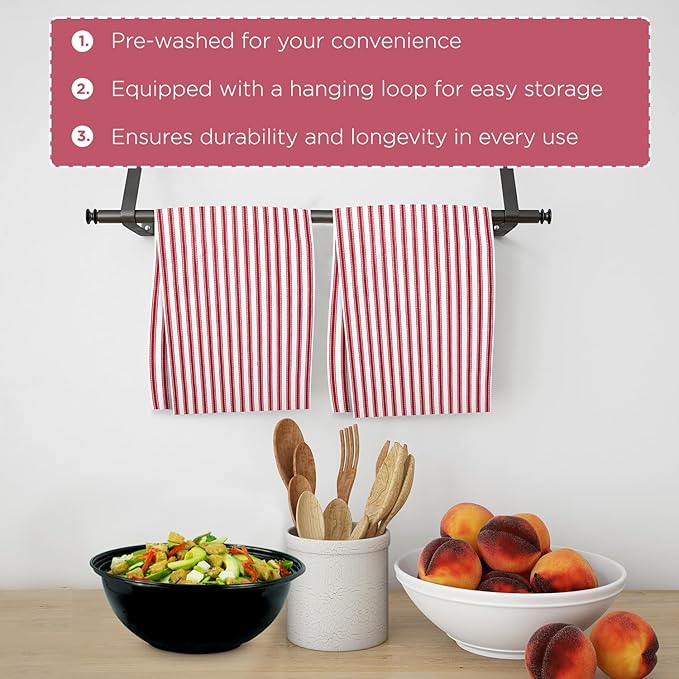 Stripe Kitchen Dish Towels With Hanging Loop - Boho Absorbent Festive Gift Set of 6 - Reusable 18x28 Inch Pantry Decor - Trendy Spring French Red