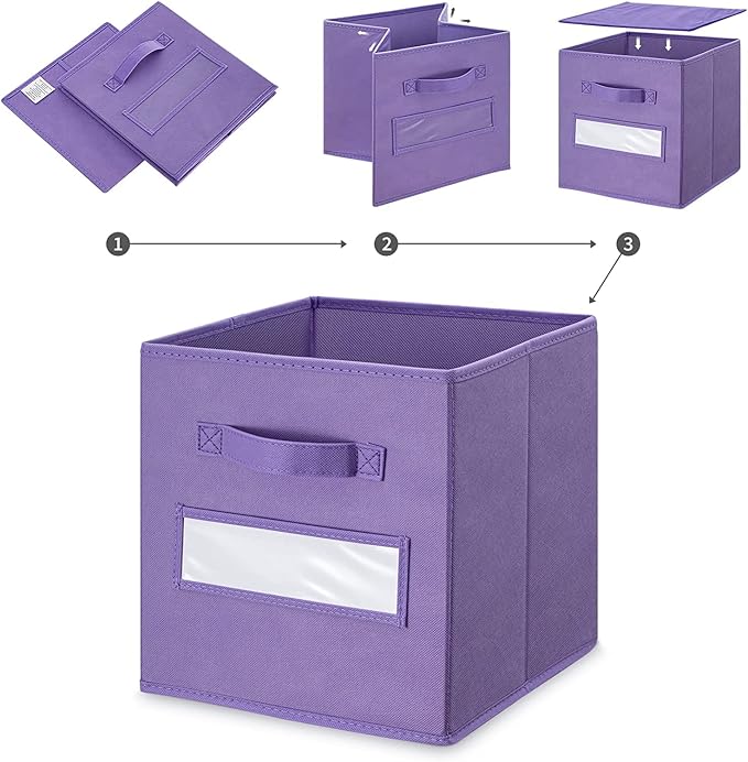 13x13x13 storage cube bins(Set of 8) Fabric storage cubes with 8 Labels Window Cards & a Pen, storage cubes 13x13, Collapsible 13 inch cube storage bins, Cubby Organizer Boxes, Purple