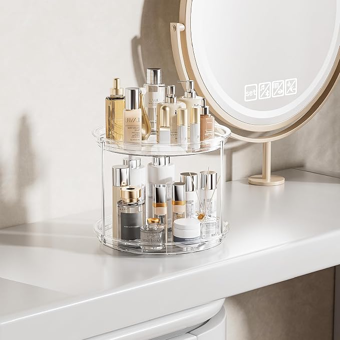 360° Rotating Makeup Organizer 2 Pack 2 Tier 9" Clear Lazy Susan Turntable Skincare Perfume Organizer Bathroom Countertop Vanity Tray Space-Saving Cosmetic Storage for Dresser