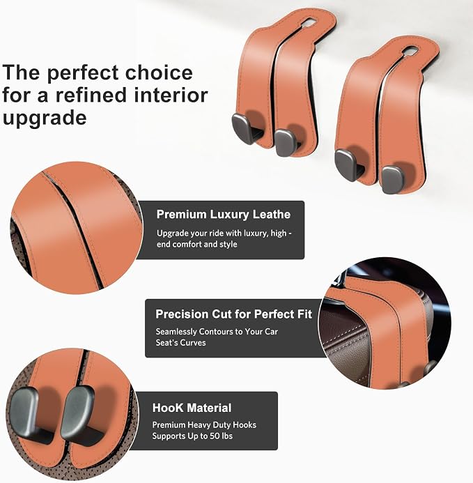 CoBak Purse Hook for Car - Universal Premium Stitched Leather and Aluminum-Magnesium Alloy Double Car Seat Back Storage Hook for Purses, Handbags, Bags (2 Pack),Coral Orange
