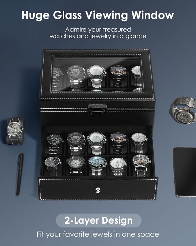 Kukikan Watch Case, 20-Slot 2-Layer Watch Box with Large Glass Lid, Watch Storage Organizer with Removable Watch Pillows, Men's Jewelry Box with Lock, Watch Holder Display Case, Fathers Day Gift