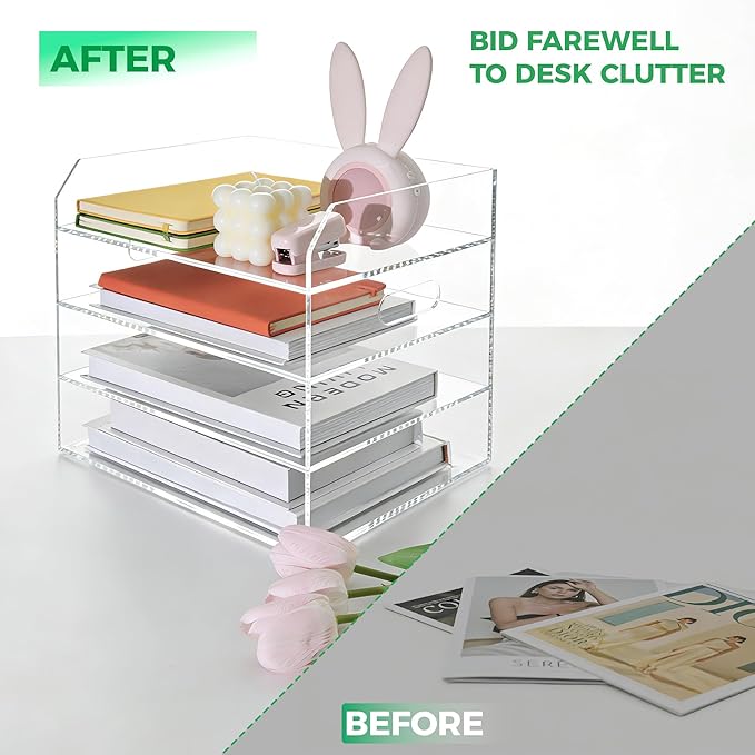 Paper Tray Organizer for Desk, 4 Tier Acrylic Desk Organizers and Accessories, One-Piece Integrated A4 Paper Organizer with Handles, Crystal-Clear Letter Tray & Office File Holder, Books Notes