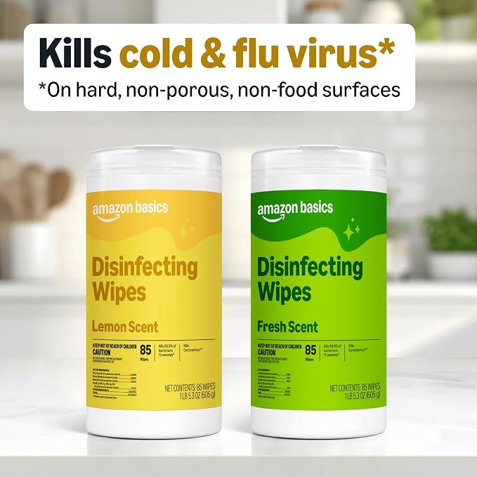 Amazon Basics Disinfecting Wipes, Lemon & Fresh Scent, Sanitizes, Cleans, Disinfects, Deodorizes, 340 Count (4 Packs of 85), Packaging May Vary