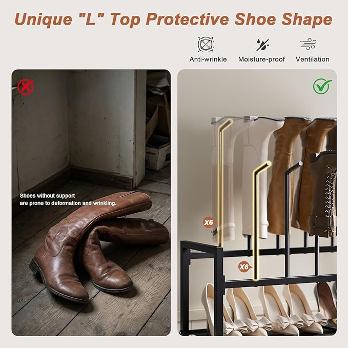 Free Standing Shoe Racks, 4-Tier Boot Rack Organizer for Tall Boots, Sneakers, High-Heel, Black Metal Shoe Storage for Dorm Room, Closet, Entryway, Hallway, Black, Holds 6 Pairs
