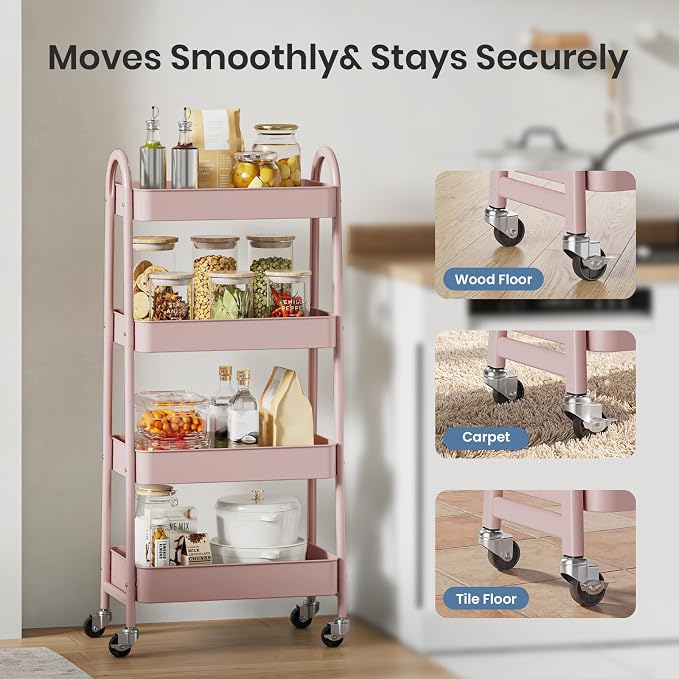 DUMOS 4 Tiers Rolling Utility Cart, Storage Organizer, Shelving Unit | Metal, Lockable Wheels, Mobile, Kitchen, Bathroom, Laundry, Narrow Places, Pink