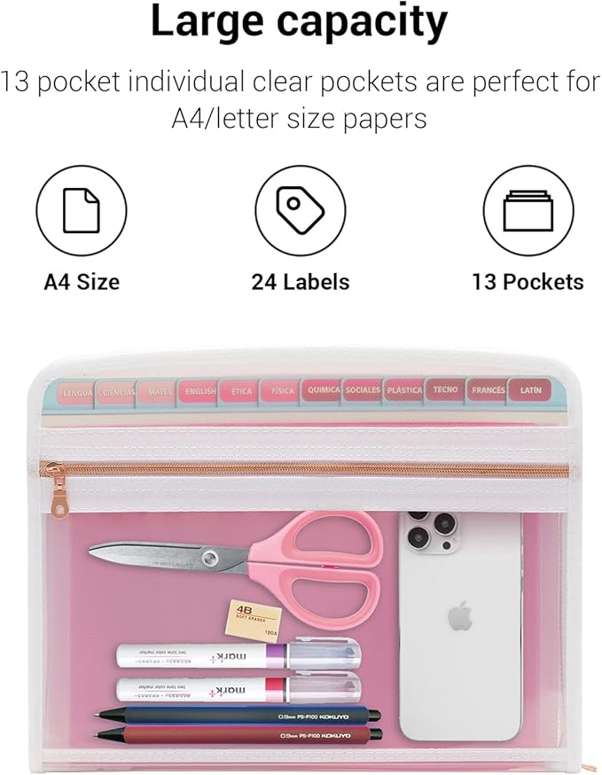 Mukawa 13 Pocket Zippered Expanding File Folder, Accordion File Organizer for Documents Letter Size A4 Papers (Pink)