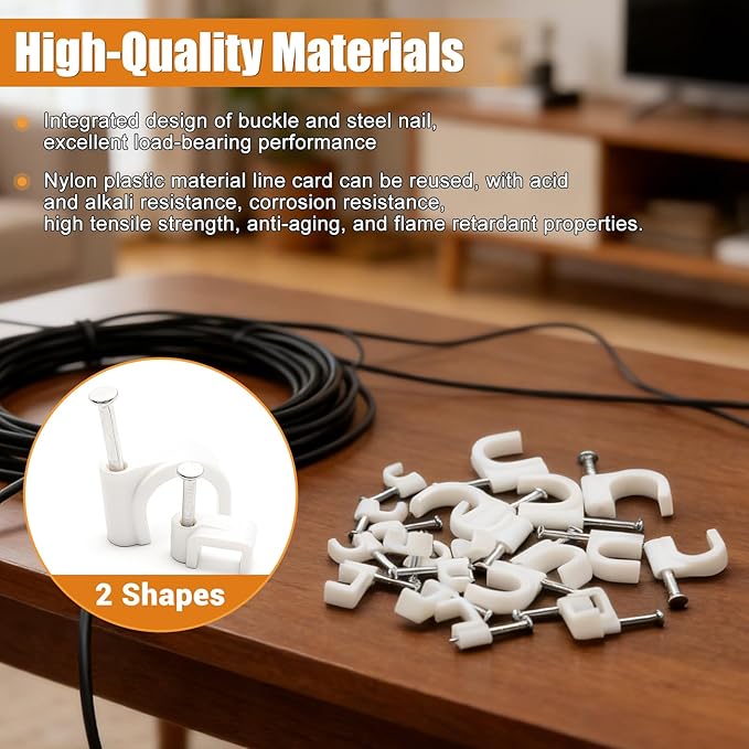 mankk 630PCS Steel Nail Cable Clips 4/5/6/8/10mm Round & 5/6mm Square | cable tacks for CAT6 RJ45 RG6 RG59 ethernet coax cords, white wall mounting clips
