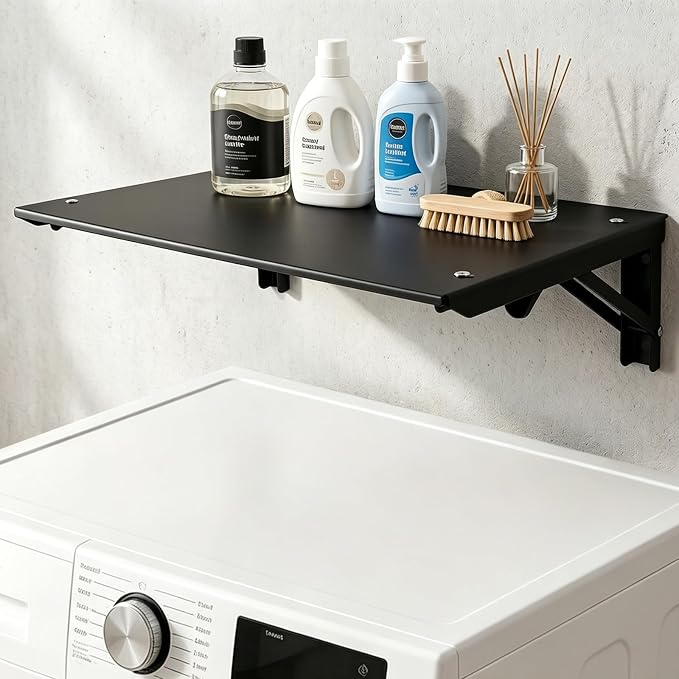 Folding Metal Floating Shelf, 16.9" x 11" Wall Mount Storage Rack with Lip, Heavy Duty Steel Fold Down Shelf for Garage, Kitchen, Bedroom, Office (Black)