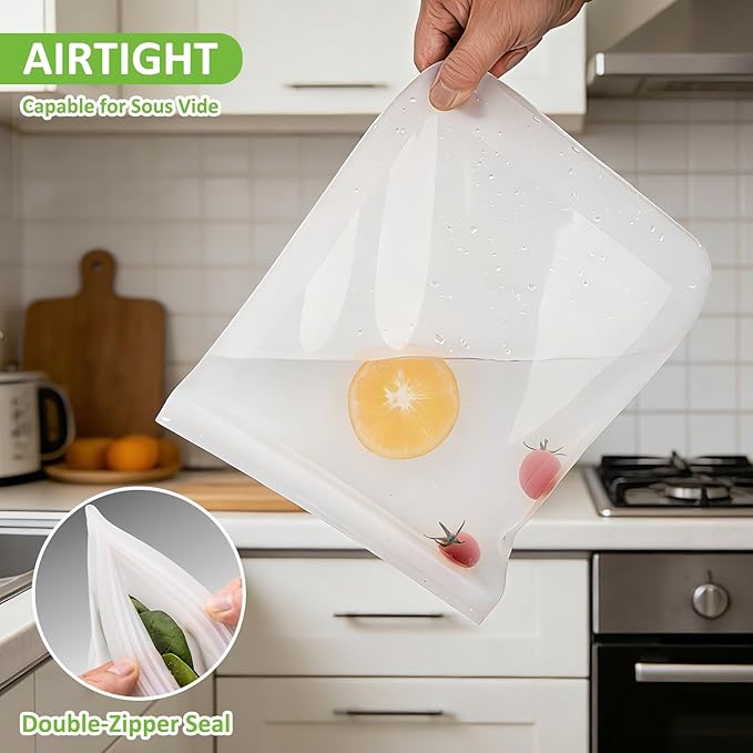 100% Silicone Flat Gallon Freezer Bags, 4 Pack Extra Large Reusable Silicone Ziplock Bags Gallon Size for Freezer, Double Zipper Seal, BPA & Microplastic Free, Freezer Microwave Sous Vide Safe, Clear