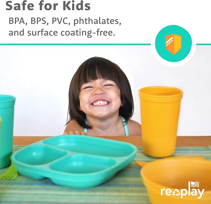 Re-Play Toddler Plates with Dividers - Deep-Walled 3 Compartments Divided Plates for Kids - Dishwasher & Microwave Safe - Made in USA - Set of 4-7.37" x 7.37" x 1.25" - Spring