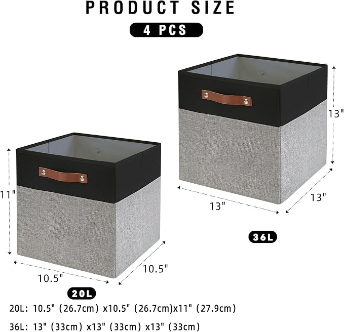 Bagnizer Collapsible Fabric Storage Cube Bins with 2 Reinforced PU Handles, Foldable Storage Organizer Baskets for Closet, Shelves, Living Room | 11"x11"x11", 4 Pack, Black & Gray