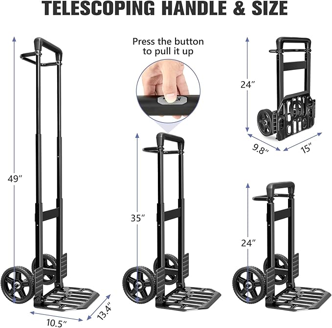 KEDSUM Folding Hand Truck Dolly, 460lbs Capacity Dolly Cart with Wheels for Warehouses, Homes, and Offices, 7" Solid Rubber Wheels & Height 49.2 inch, Telescoping Handle