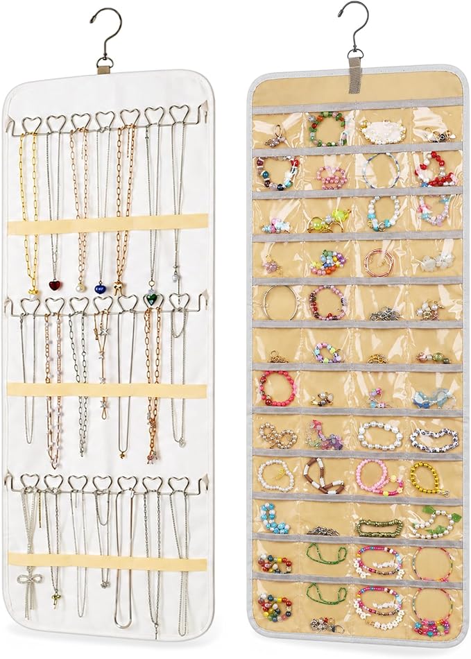 2 Pack Hanging Jewelry Organizer Storage with 48 Pockets and Hooks Dual-Sided Hanging Jewelry Organizers and Storage Hang on Closet, Wall, Door for Earrings, Necklaces, Rings,Beige
