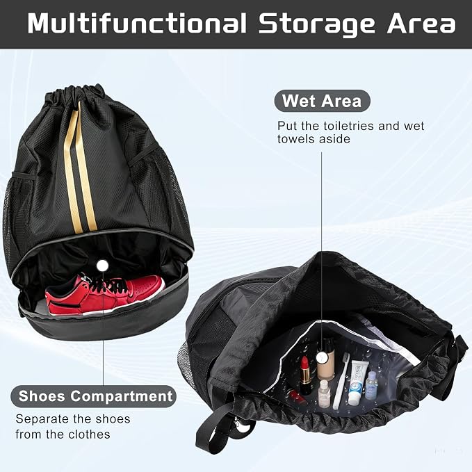 Black Gold Sports Drawstring Backpack with Shoes Compartment, String Gym Bag with Wet Proof Pocket for Basketball, Soccer, Swim, Sport Bag for Men and Women