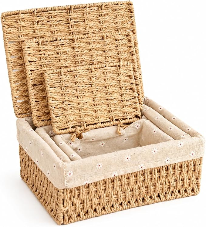 1PC Woven Storage Basket with Lid for Closet Shelf-Khaki Small | Bathroom, Closet & Shelf Storage Basket, Sewing & Towel Basket, Blanket & Toy Storage, Woven Basket with Liner