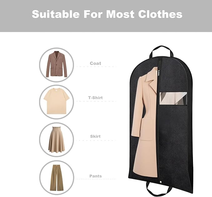 Gusseted Garment Bags for Hanging Clothes, 45'' Suit Bag Cover for Storage and Travel, Dress Bags for Gowns Long (Black)