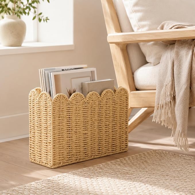 Paper Rope Magazine Holder, Tall Narrow Scalloped Basket | Handwoven Paper Rope Narrow Basket for Magazine Storage, Book basket, Mail Organizer, File Holder 15"L x 6"W x 11"H