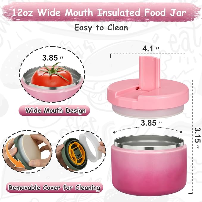 Pawtong 12oz Insulated Vacuum Food Jar with Buckle Lid Wide Mouth Soup Thermo for Hot Food Kids Leakproof Stainless Steel Lunch Container (Gradient Pink, 12OZ)