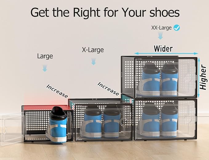Kuject XX-Large Shoe Storage Boxes Organizers Clear Plastic Stackable 12 Pack, Shoe Rack & Holder Substitute, Sneaker Containers, Shoe Storage Organizer Bins for Closet, Under Bed, Black(No Fold Line)