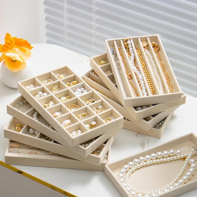 SPAKOWN Jewelry Drawer Organizer Inserts Set of 9, Jewelry Trays for Drawers Velvet Jewelry Organizer Tray Drawer Jewelry Organizers and Storage for Earring Ring Necklace Watch Bracelet (Beige)
