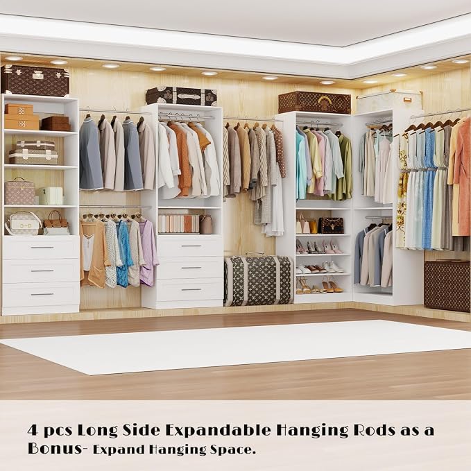 Closet System with 4 Sets, 8-21FT Closet Organizer Systems with 6 Drawers & 8 Hanging Rods & Adjustable Shelves, Walk in Closet Freestanding Closet System Modular Closet System Set White