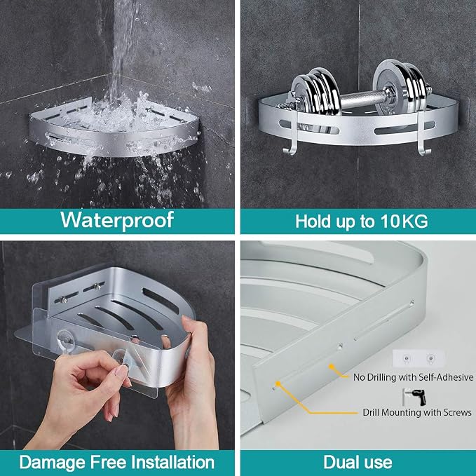 Corner Caddy Bathroom Shower Shelf Wall Mounted No Drilling 2 Tier Storage Shelves Adhesive Triangle Baskets Silver Bathroom Kitchen Storage Basket