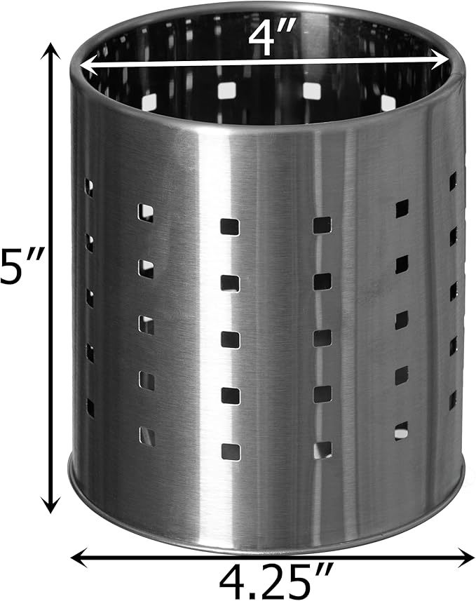 Basicwise Round Metal Utensil Holder Countertop Organizer with Drain Holes for Cooking Spoons, Spatulas, Cutlery, and Silverware Stylish Storage Solution for Kitchen Counter, Silver
