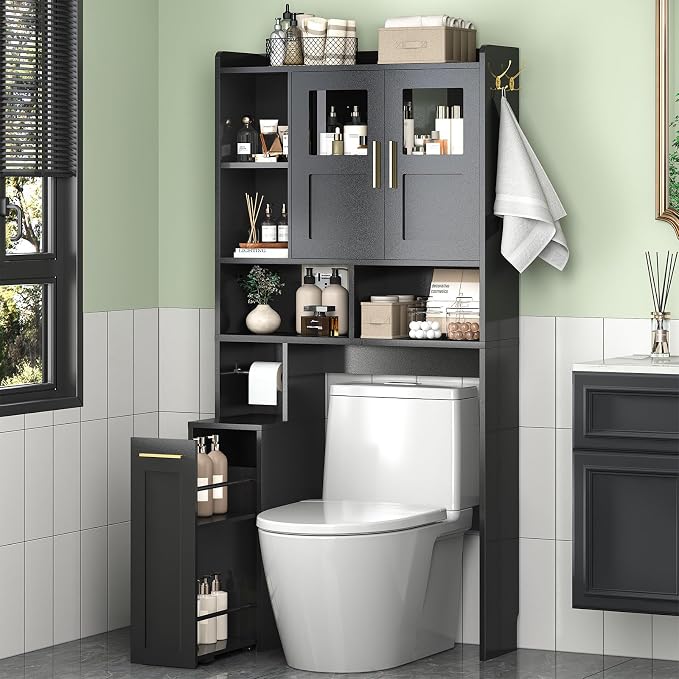ELYKEN Over The Toilet Storage Cabinet with Pulley Bathroom Storage Cabinet, Home Space-Saving Over Toilet Rack with Glass Doors & Adjustable Open Shelf for Bathroom, Restroom, Laundry,Black
