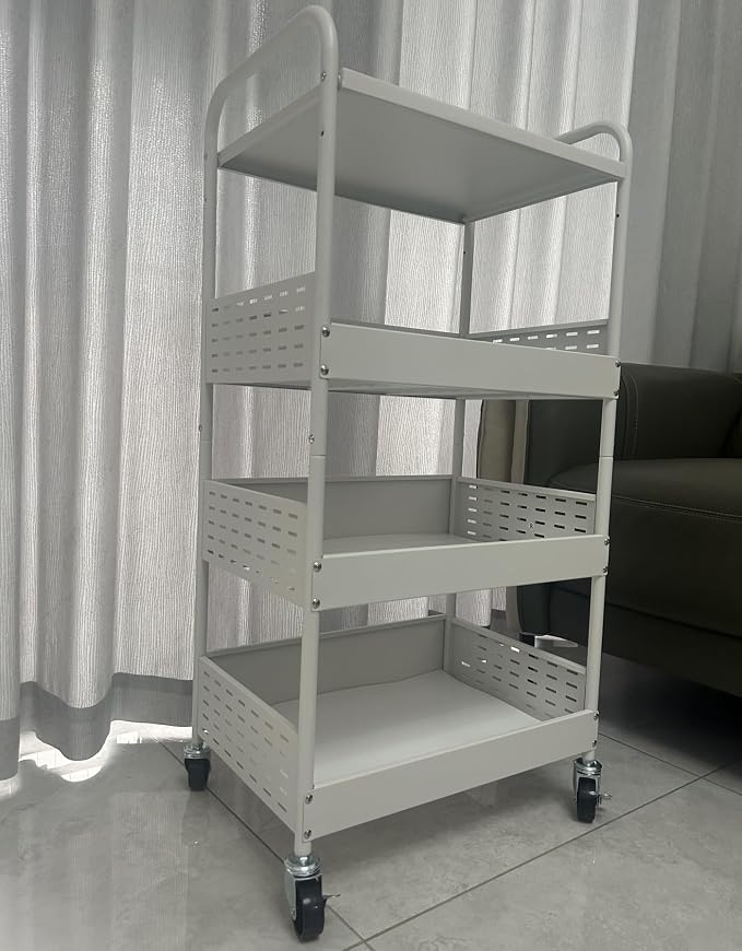 Stable 4 Tier Rolling Metal Storage Organizer, Heavy Duty Kitchen Rolling Cart, Metal Top Vegetable Storage Cart with Wheels for Kitchen Pantry Utility Use (White)