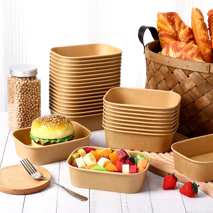 Maxdot 50 Pack 19 oz Disposable Food Containers with Lids Paper Food Containers Bowls for Meal Prep, Salad, Ice Cream, Yogurt, Soup Bowls Party Leftover Box