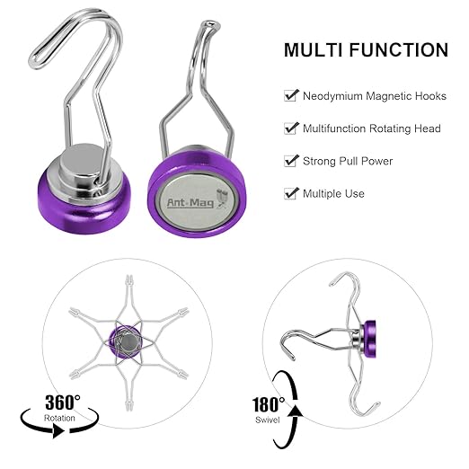 Ant Mag Swivel Magnetic Hooks 50lbs Heavy Duty Grill Magnet Hooks 4 Pack with Scratch Proof Stickers Great for Home Refrigerator Kitchen Store Grill BBQ Office Warehouse (Purple)