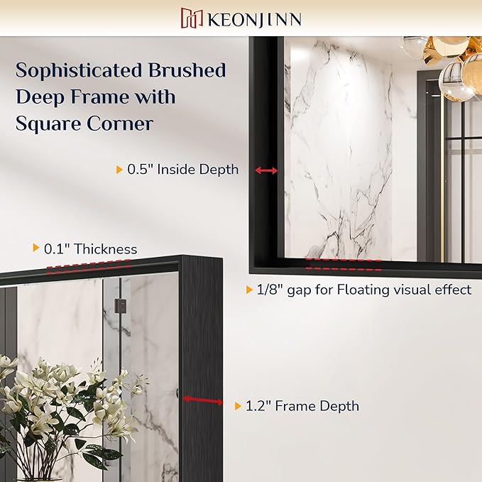 Keonjinn Black Bathroom Mirror 30 x 36 Inch, Metal Frame Black Mirrors for Bathroom Sink, Rectangular Square Corner, Modern Farmhouse, Rectangle Vanity Mirror for Wall(Horizontal/Vertical)