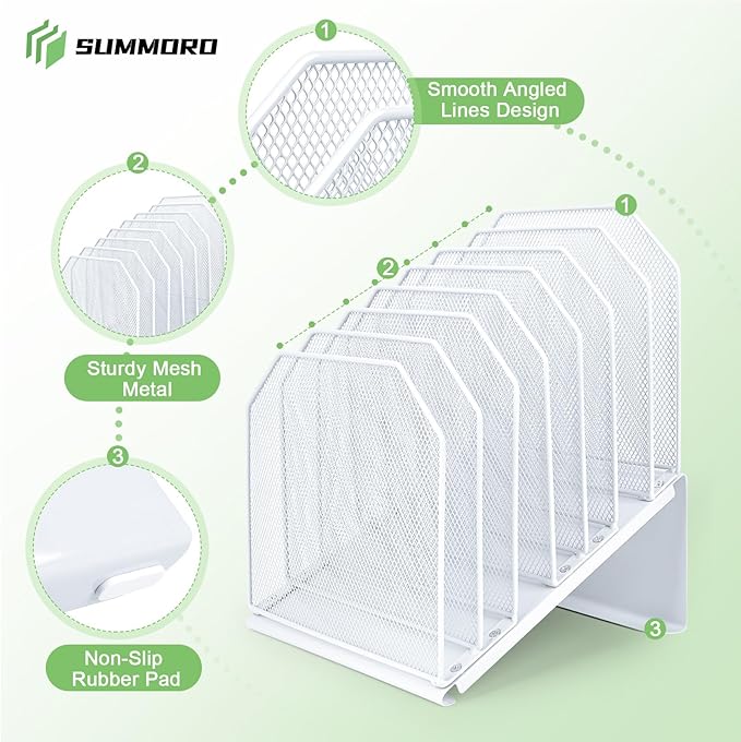 SUMMORO Inclined File Organizer for Desk, 7-Tier Vertical File Folder Holder Office Desk Organizer Metal Rack File Wire Mesh Desktop Document Sorter for Office School Classroom Home (White)