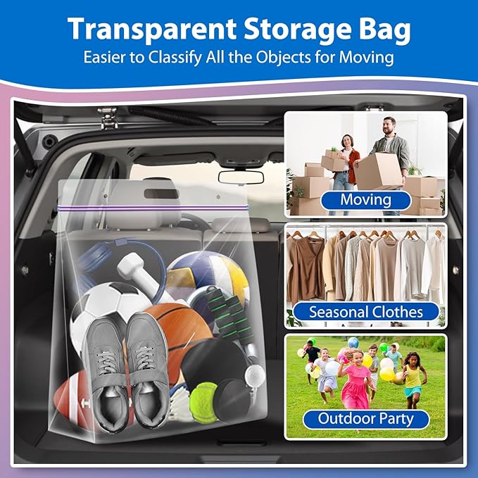 Zipper Storage Bags with Handle and Bottom, Pack of 6, 3 Gallon Heavy Duty Clear Handy Plastic Bag, 16"x18" Reusable Large Zip Storage Bag for Sports, Travel, Moving and Clothes, 3-Mil Thick