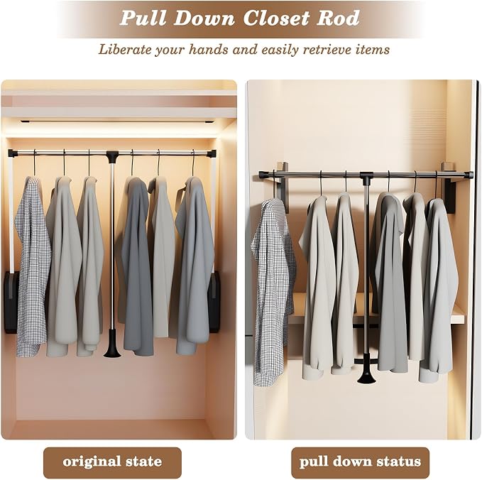 Pull Down Closet Rod Stainless Steel 35"-48"Adjustable 60 lbs | Wardrobe Lift Rail Rod,Side & Back Mounted Closet Pole for Waredrobe & Hanging Clothes,with Hydraulic System