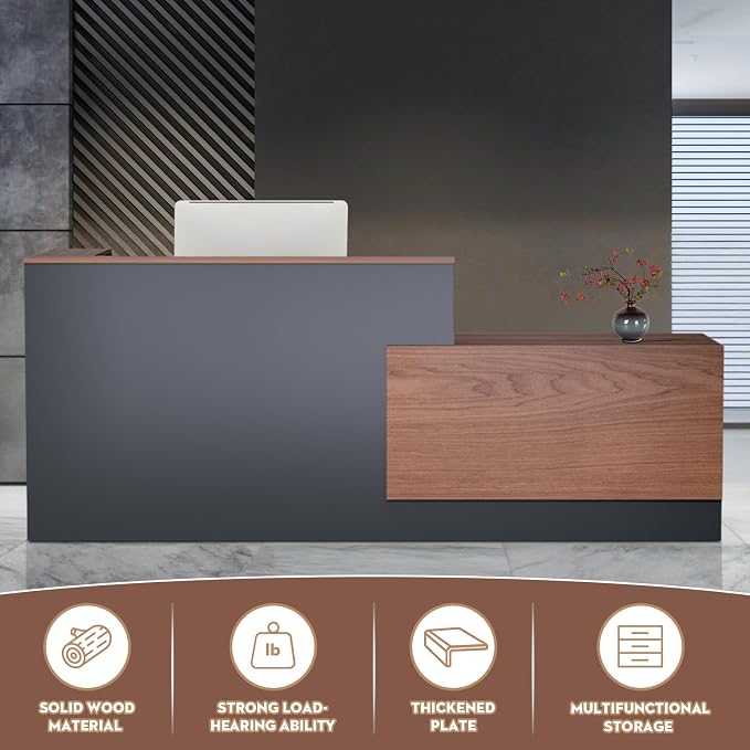 L-Shaped Large Wooden Reception Desk, Modern Front Desk Reception Counter with Lockable Drawers, Storage & Keyboard Tray for Office Lobby Checkout (Right-Brown + Black, 87''L x 42''W x 41''H)