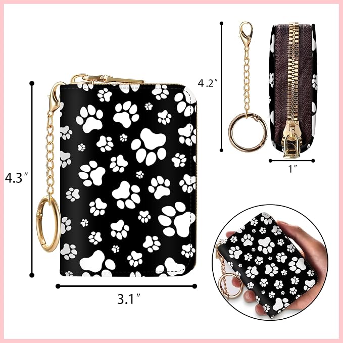 Blusabaca RFID Credit Card Holder Small Women Travel Wallet, Black Dog Paw | Removable Keychain, Case with Zipper, Vegan PU Leather, Cash Coin Pocket, Business Accordion Purse, Ladies Female Gift