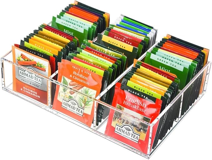 Tasybox Acrylic Tea Bag Organizer, Clear Tea Bag Holder, Drawer Organizer | Tea Bag Holder with Removable Dividers, 6 Slot Tea Organizers and Storage for Countertop, Drawer, Pantry, Kitchen, Cabinet