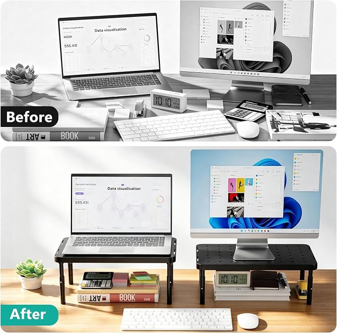 WALI Monitor Riser for Desk, 3 Height Adjustable Laptop Riser with Airflow Vents, Desk Organizer for Computer/Printer/Notebook, 2-Pack for Dual Monitor Setup, Black (PTT001‑2)