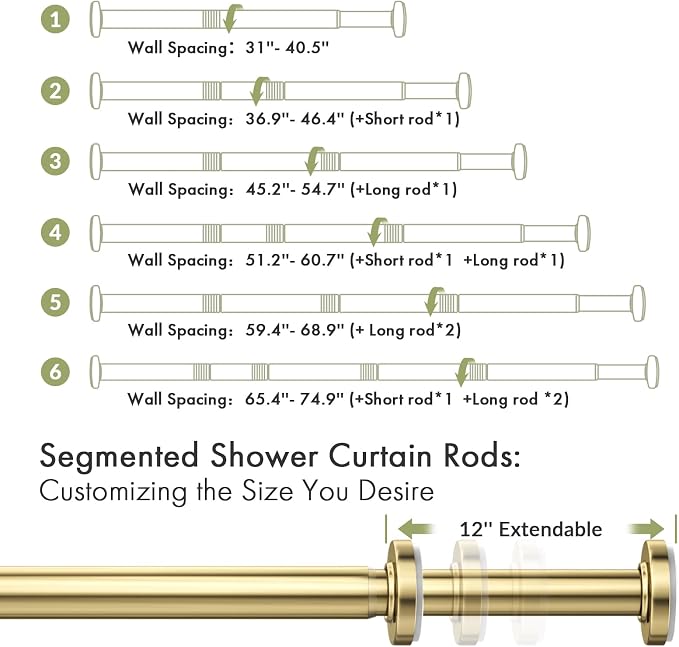 AmazerBath Spring Tension Shower Curtain Rod, 31-75 Inches Heavy Duty Tension Rod Rust Proof Bathroom Curtain Rod, Adjustable No Drill Easy Segmented Installation, Gold